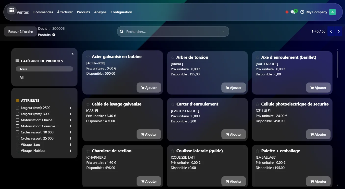 Configurateur de produit Lexa ERP : options largeur, motorisation et vitrage sélectionnées depuis un devis