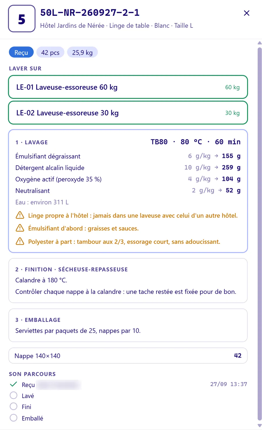 Fiche d'un lot : machines autorisées, programme à 80 °C, doses de chaque produit en grammes et consignes