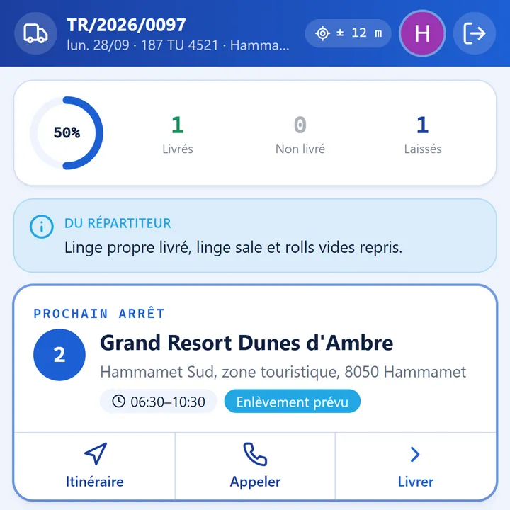 Écran du chauffeur de la blanchisserie : tournée des hôtels, prochain arrêt et enlèvement prévu