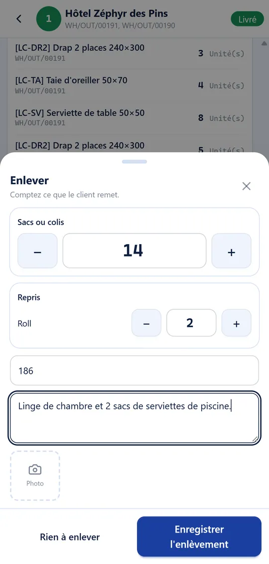Enlèvement du linge sale à l'hôtel : nombre de sacs, rolls repris, note et photo