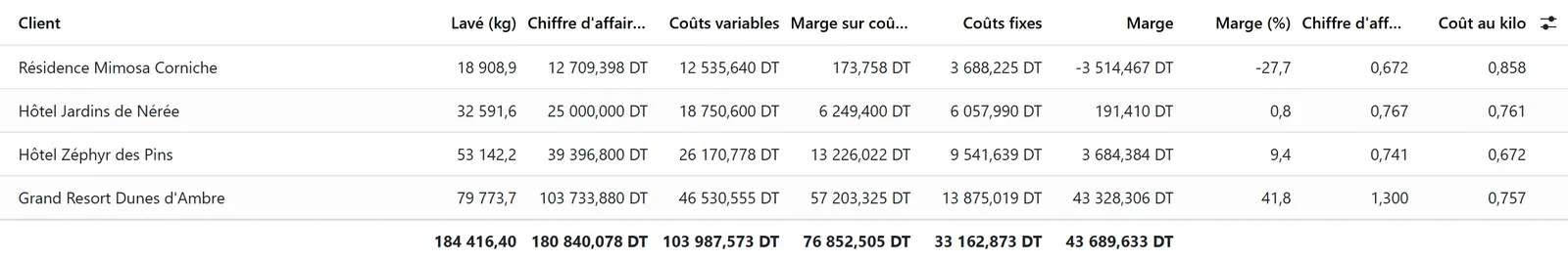Rentabilité par hôtel : kilos lavés, chiffre d'affaires, coûts, marge et coût au kilo