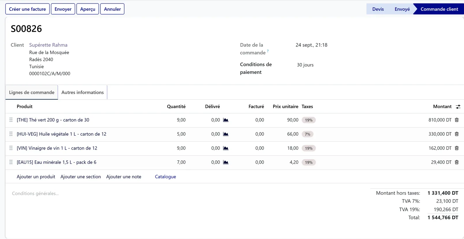 Bon de commande client dans Lexa ERP : articles, prix unitaires, TVA et conditions de paiement