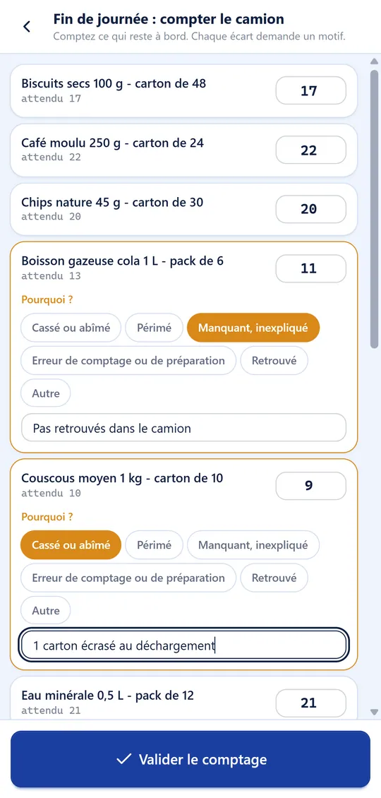Comptage du camion en fin de journée : quantité attendue, quantité comptée et motif de l'écart