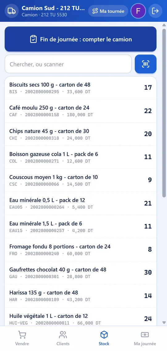 Stock du camion corrigé après le comptage du soir