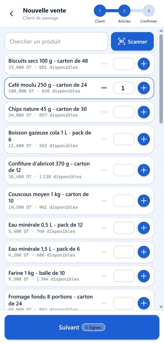 Écran de vente au comptoir dans Lexa : liste des articles avec le stock disponible et un bouton pour scanner