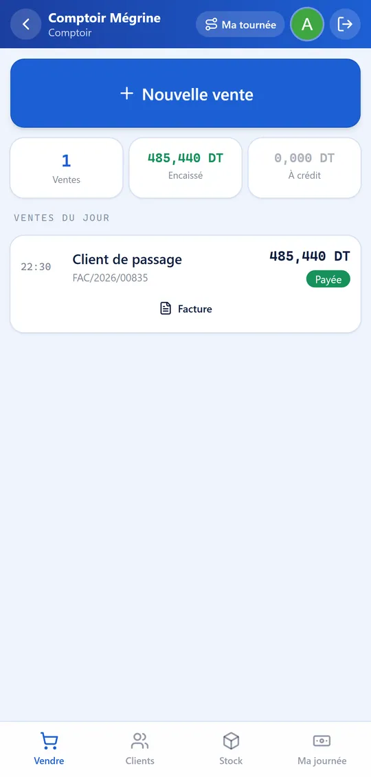 Écran « Ma journée » du comptoir : vente payée, facture disponible et caisse du jour