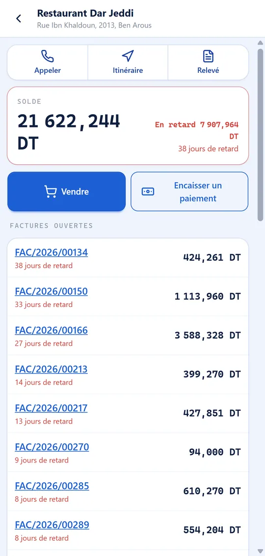 Fiche client : solde, montant en retard et liste des factures ouvertes