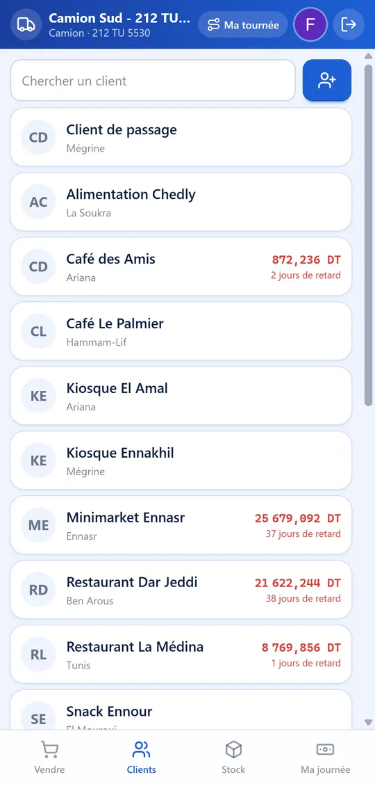 Liste des clients sur le téléphone du chauffeur, avec les montants dus et les jours de retard en rouge