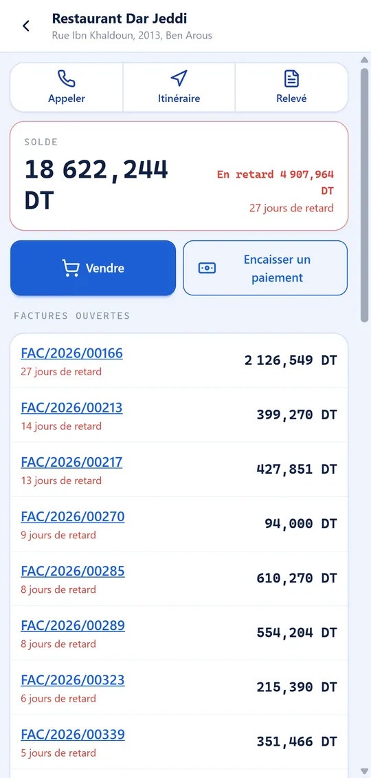 Fiche client après le paiement : solde mis à jour, factures anciennes soldées