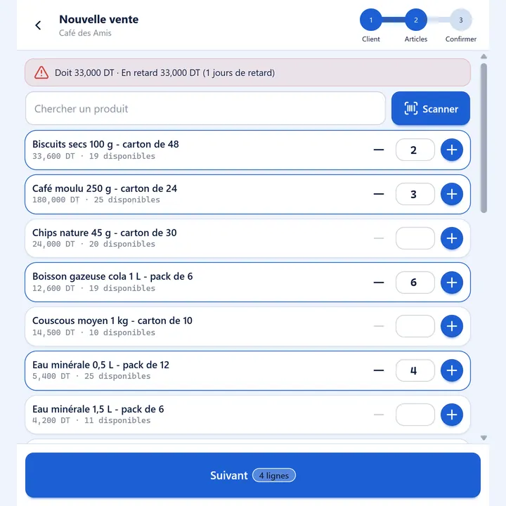 Vente sur la route dans Lexa : articles du camion avec le stock disponible et l'alerte d'encours du client