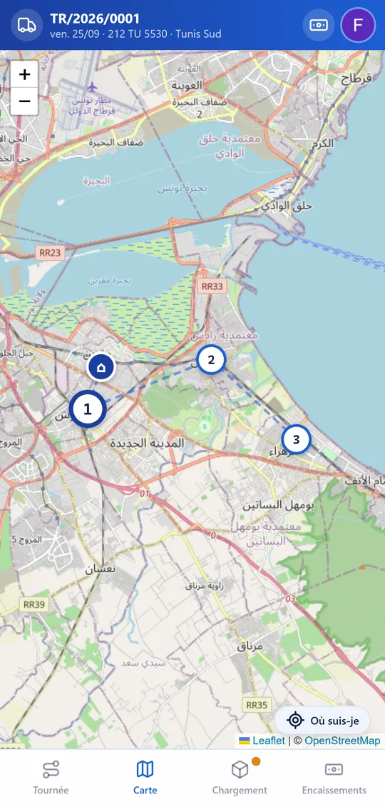 Carte de la tournée sur le téléphone du chauffeur avec les arrêts numérotés autour de Tunis