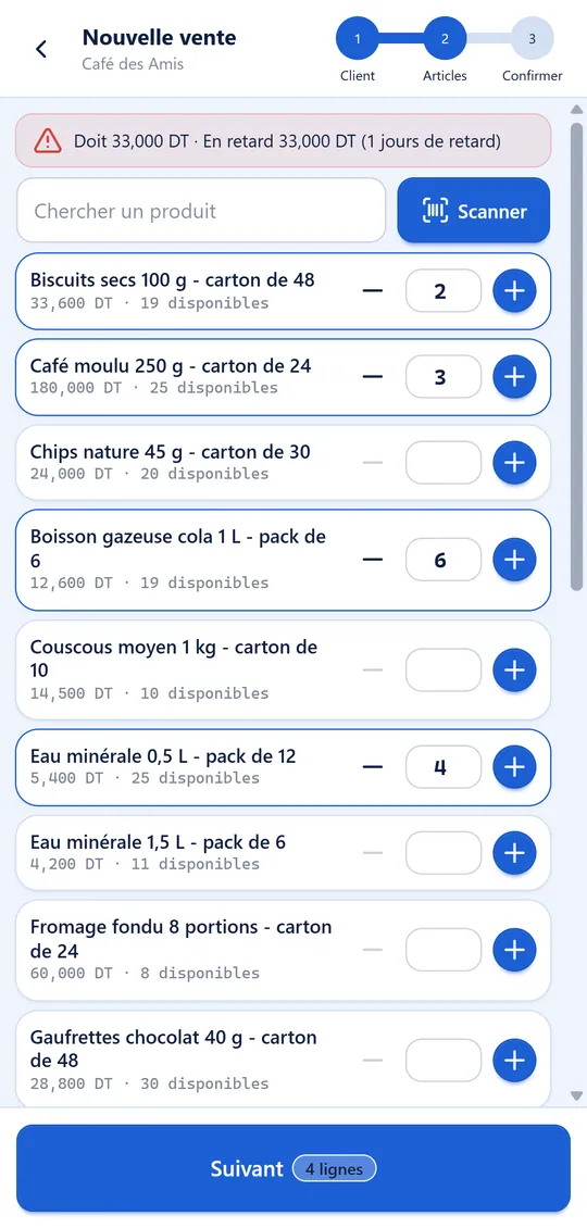 Vente depuis le camion : alerte d'encours du client et articles avec le stock disponible à bord