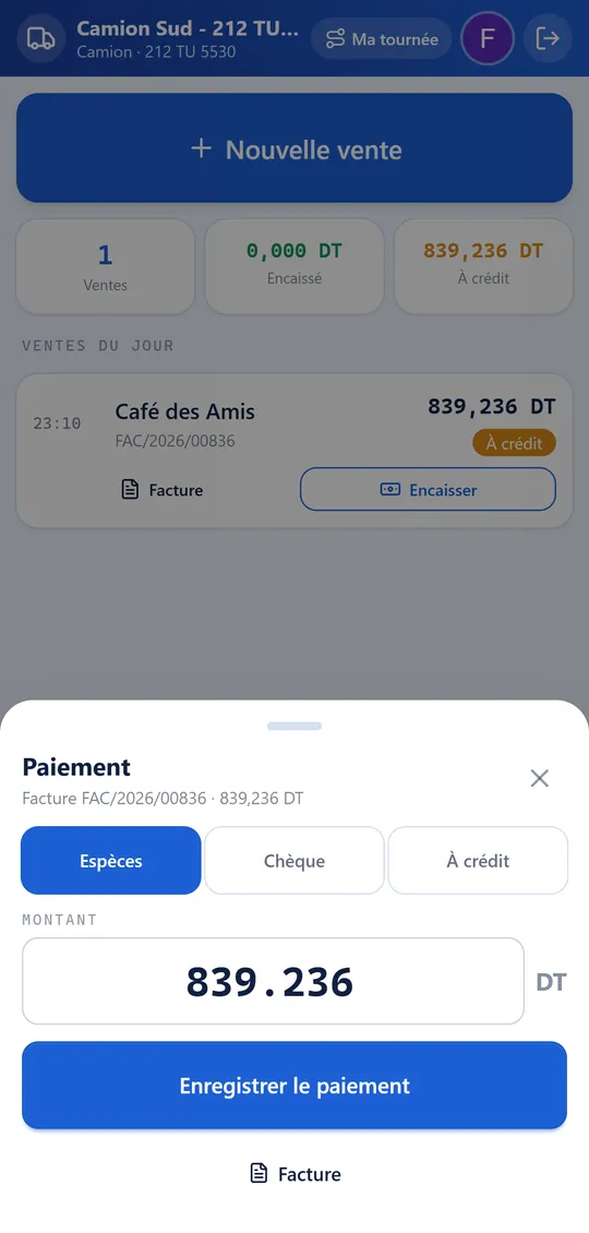 Paiement de la vente : espèces, chèque ou à crédit, facture disponible