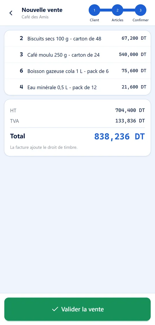 Validation de la vente sur la route : articles, TVA et total, droit de timbre ajouté à la facture